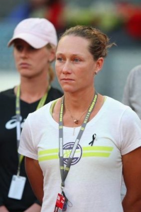 Sam Stosur during a minute's silence for British tennis player Elena Baltacha, who died during day three of the Madrid Masters.