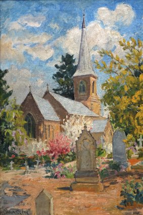 Ethel Carrick Fox, St John's in Reid, Canberra. Ethel Carrick Fox's painting (1944) of St John's church, Reid, Canberra,