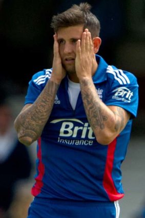 Jade Dernbach reacts after a near miss for the wicket of Shane Watson.