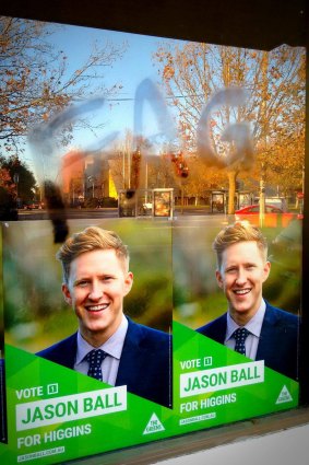 Homophobic graffiti aimed at Greens candidate for Higgins Jason Ball.