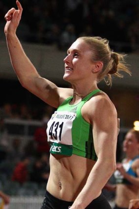Sally Pearson celebrates winning the women's 100 metres open during the Australian Athletics National Championships earlier this year.
