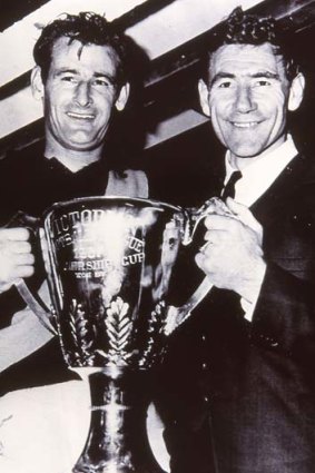 Tiger heroes: Fred Swift and Tom Hafey with the 1967 premiership trophy.