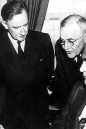 "Spender, (left, with Robert Menzies, far right) advocated that Australia should be a "bridge" between Asia and the West".