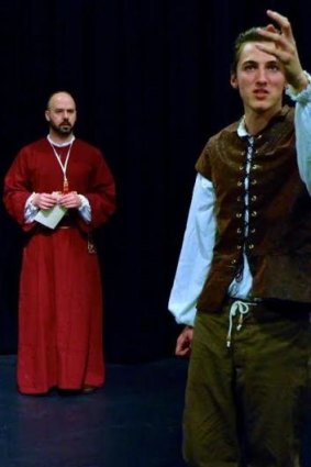 Jarrad West, left, as the bishop/witchfinder and Jack Parker as his unhappy son.