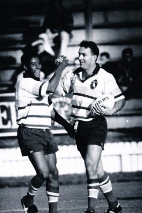 George Gregan and Dave Grimmond celebrate an ACT try in 1994.