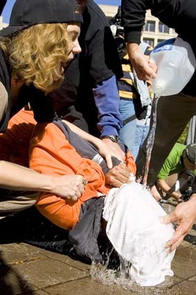 Controverisal . . . protestors demonstrate the use of waterboarding on a volunteer in front of the Justice Department in Washington in 2007.