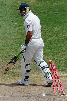 Not happy &#8230; Ricky Ponting vents his anger after being run out.