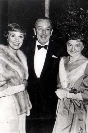 P. L. Travers, pictured right, with Walt Disney and Julie Andrews at the <i>Mary Poppins</i> Hollywood premiere.