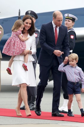 Catherine, Duchess of Cambridge, Prince William, Duke of Cambridge, and their children Princess Charlotte and Prince George arrive in Warsaw.