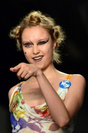 A model presents a creation from the Vivienne Westwood collection during the 2015 spring/summer London Fashion Week.