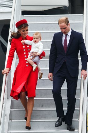 Prince William, Duke of Cambridge, Catherine, Duchess of Cambridge and Prince George of Cambridge arrive at Wellington Airport on April 7, 2014 in Wellington, New Zealand.