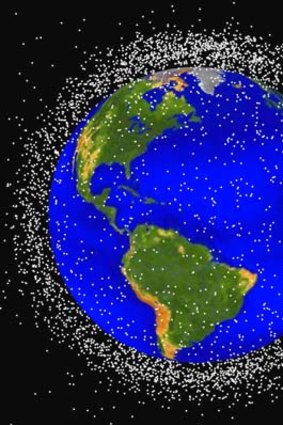 A computer generated graphic shows space junk orbiting Earth.