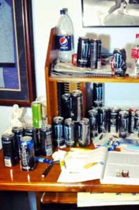 Evidence &#8230; a Sydney HSC student's desk littered with energy drink cans.