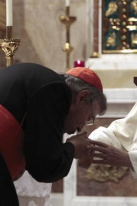 Friends in high places … Cardinal Pell with Pope Benedict XVI at the opening of Domus Australia late last year.