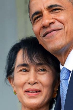 US President Barack Obama hugs Burma opposition leader Aung San Suu Kyi .