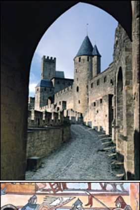 Well fortified ... (from top) Carcassonne’s Cite's cobbled streets; a mural at Notre Dame de l’Abbaye; jousting re-enactment.