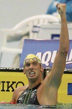 Untouchable . . . Grant Hackett celebrates after setting his 1500m world record in Japan in 2001.