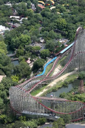 This aerial photo shows the Texas Giant roller coaster at  Six Flags Over Texas where a woman fell to her death, in Arlington, Texas.