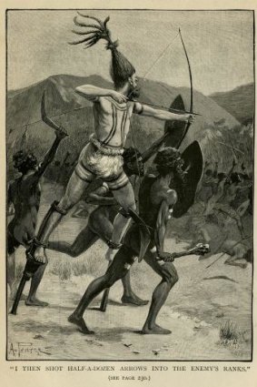 <i>Volley of arrows</i> by Alfred Pearse, 1898,   from  <i>Wide World Magazine</i>.   Private collection.