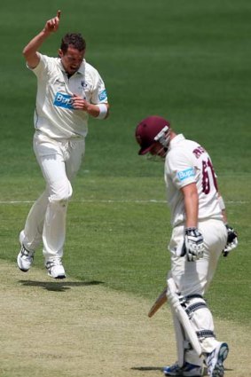 Early breakthrough ... Peter Siddle celebrates his dismissal of Andrew Robinson.