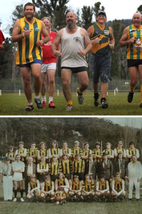 Terry Ross, 57, far right, trains with the Villains, Marysville’s over-35s footy team, reborn after 28 years. Inset:  Marysville’s 1973 premiership side, in which Mr Ross played.