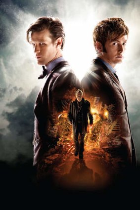 Matt Smith, left, as the 11th Doctor and David Tennant, right, as the 10th Doctor, joined by John Hurt in the 50th Anniversary Special - <i>The Day of the Doctor</i>.