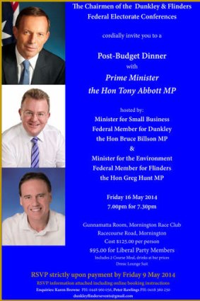 An invitation to the Liberal Party Post-Budget Dinner.