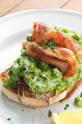 Smashed peas on toast with pecorino and pancetta.