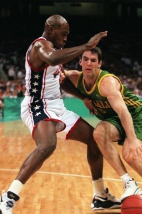 Mitch Richmond guards Australia's Sam Mackinnon at the 1996 Olympics in Atlanta.