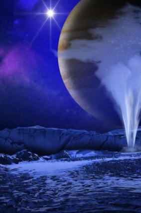 An artist's impression of a plume of water vapour being forced through the moon's  icy surface.