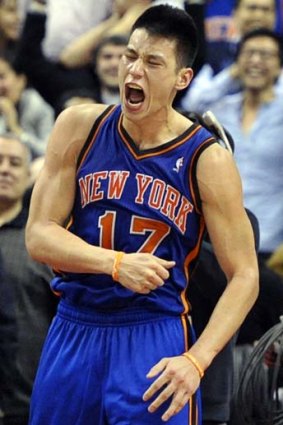 New York Knicks guard Jeremy Lin reacts after scoring the winning basket.