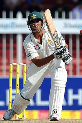Fighting on: Pakistan’s Younis Khan hits out on his way to a half-century.