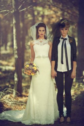 Publicity shot of same-sex wedding designs by Sydney designer Sarah Joseph Couture.