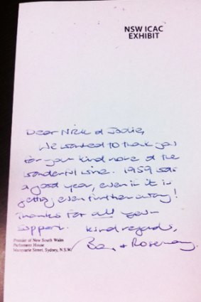 The thank you from Barry O'Farrell, acknowledging the receipt of the bottle of wine.
