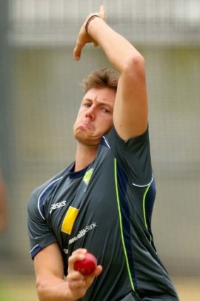 James Pattinson bowls during an Australian training session at the MCG on Monday.