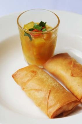 Prawn spring rolls with a pineapple and apple marmalade.