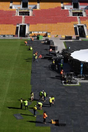 Constrution under way for the ring in the heart of league territory at Suncorp Stadium.