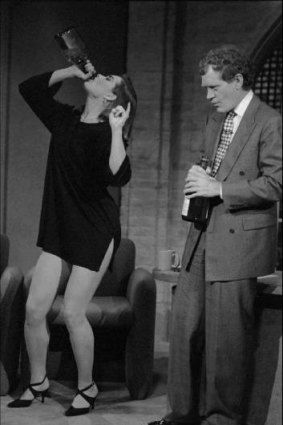 Brooke Shields demonstrates wine-glugging for David Letterman in an early show.