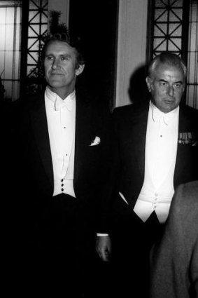 Malcolm Fraser and Gough Whitlam at the lord mayor's dinner in Melbourne, 1975.
