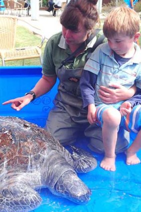 Faye Bedford and friend Tully Tew with the turtle at Ocean Grange, near Lakes Entrance