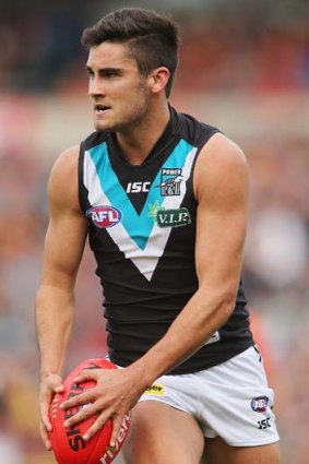 Best on ground: Chad Wingard shows the way.