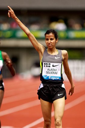 Morocco's Mariem Alaoui Selsouli reacts after winning the 3000m at the Diamon League meeting in Eugene, Oregon in June this year.