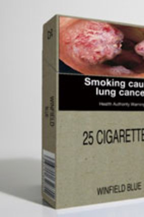 A mock-up of plainly packaged cigarettes.