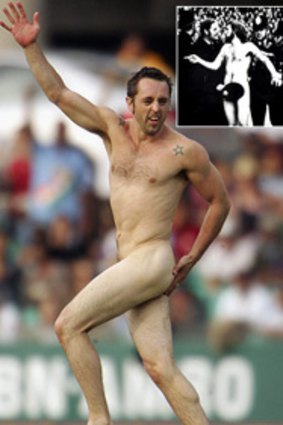 Bare facts . . . a streaker runs onto the pitch during the Test between Australia and the ICC World XI at the SCG in 2005 and inset, Michael O'Brien and that police helmet remain famous.