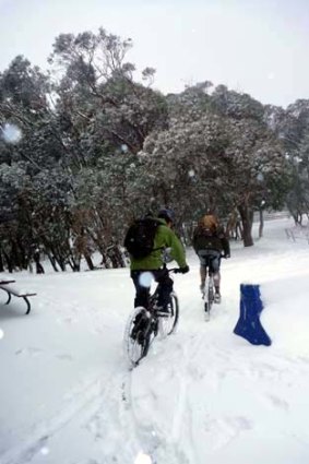 Cyclist plough through the snow at Mount Buller.