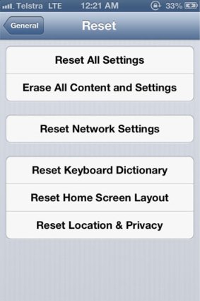 The iPhone's reset screen.