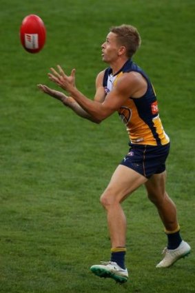 Mark LeCras takes a mark during Sunday's game against GWS.