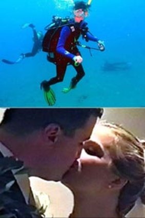 Fatal minutes...Tina Watson is seen lying on the sea floor as an instructor goes to her rescue obscured by an unidentified diver, (bottom) Wedding... the Watsons kiss.