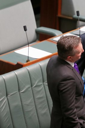 Shadow Treasurer Chris Bowen and Treasurer Joe Hockey ahead of Question Time at Parliament House in Canberra on Monday 16 March 2015. Photo: Alex Ellinghausen