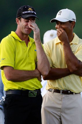 Happy times ... Geoff Ogilvy shares a moment with Tiger Woods during the 2007 US Open at Oakmont.